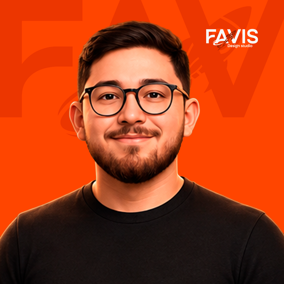 Felipe, da FAVIS Design Studio, em retrato ilustrado sobre o fundo laranja da marca